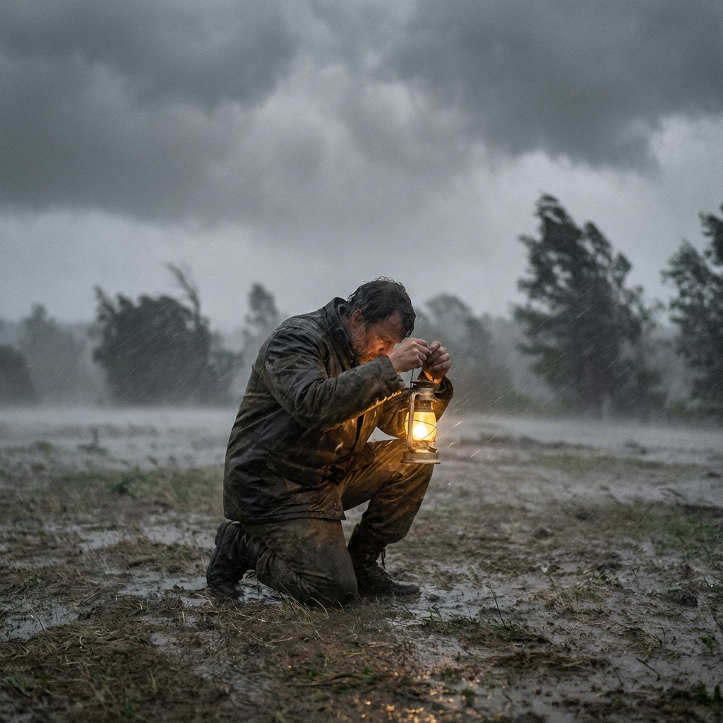A man kneeling in a muddy field protects a glowing lantern during a heavy rainstorm.