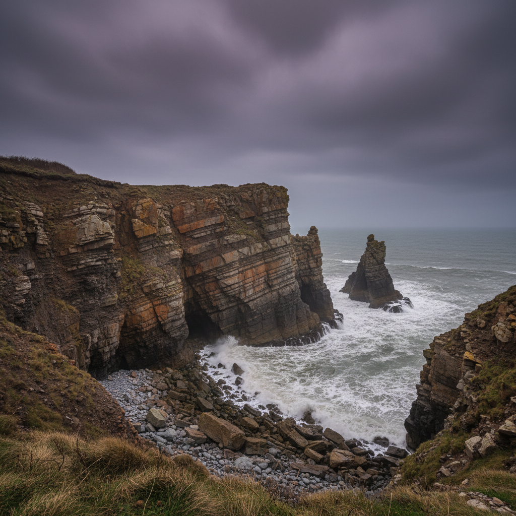 Rugged coastal cliffs and a sea stack under a dark, overcast sky.