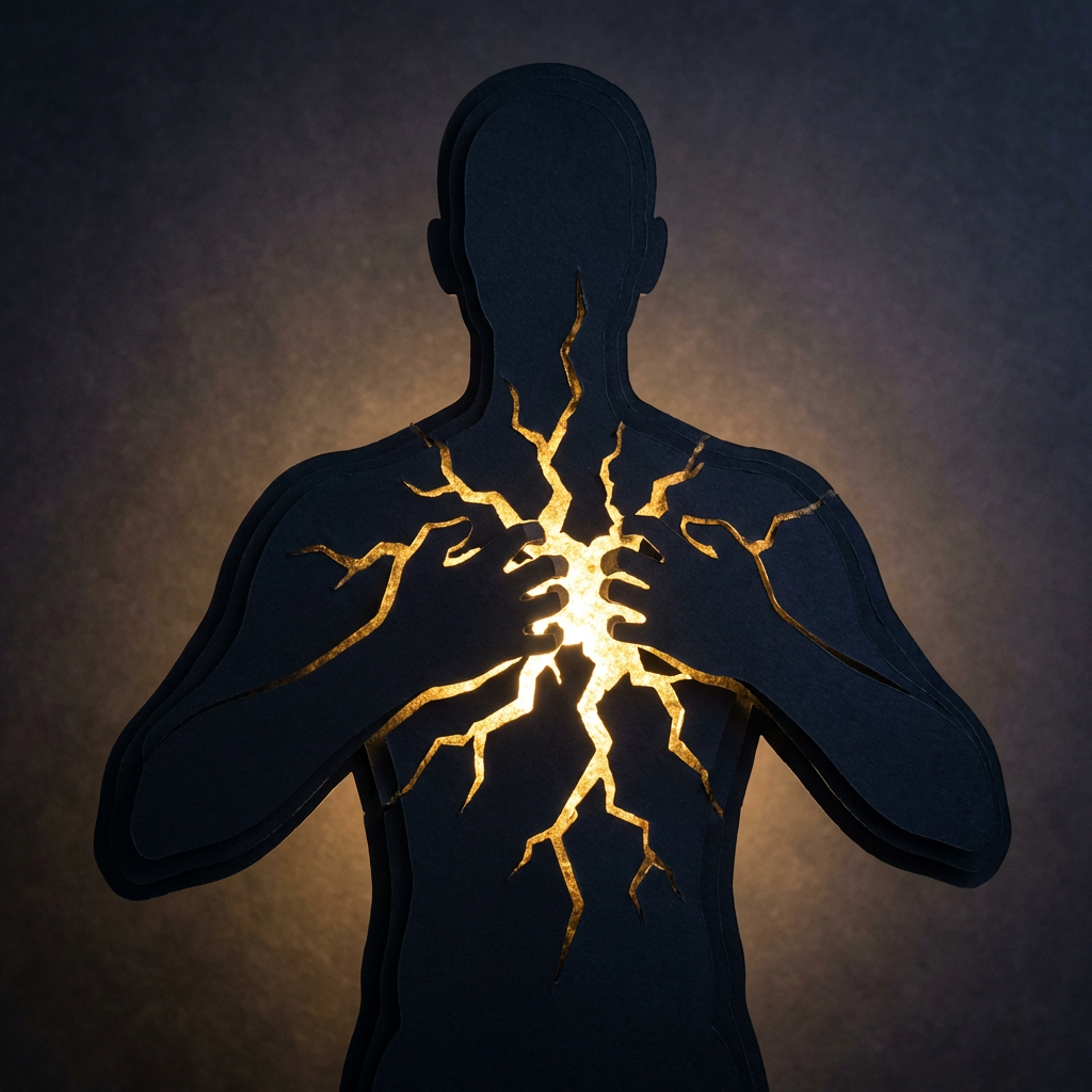 Layered paper-cut human silhouette with glowing gold light emanating from cracks in the chest.