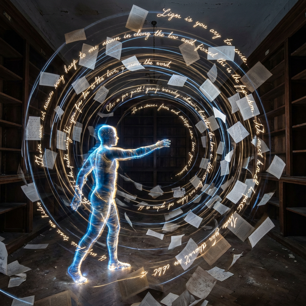 A glowing blue figure reaches into a swirling vortex of luminous script and flying papers.