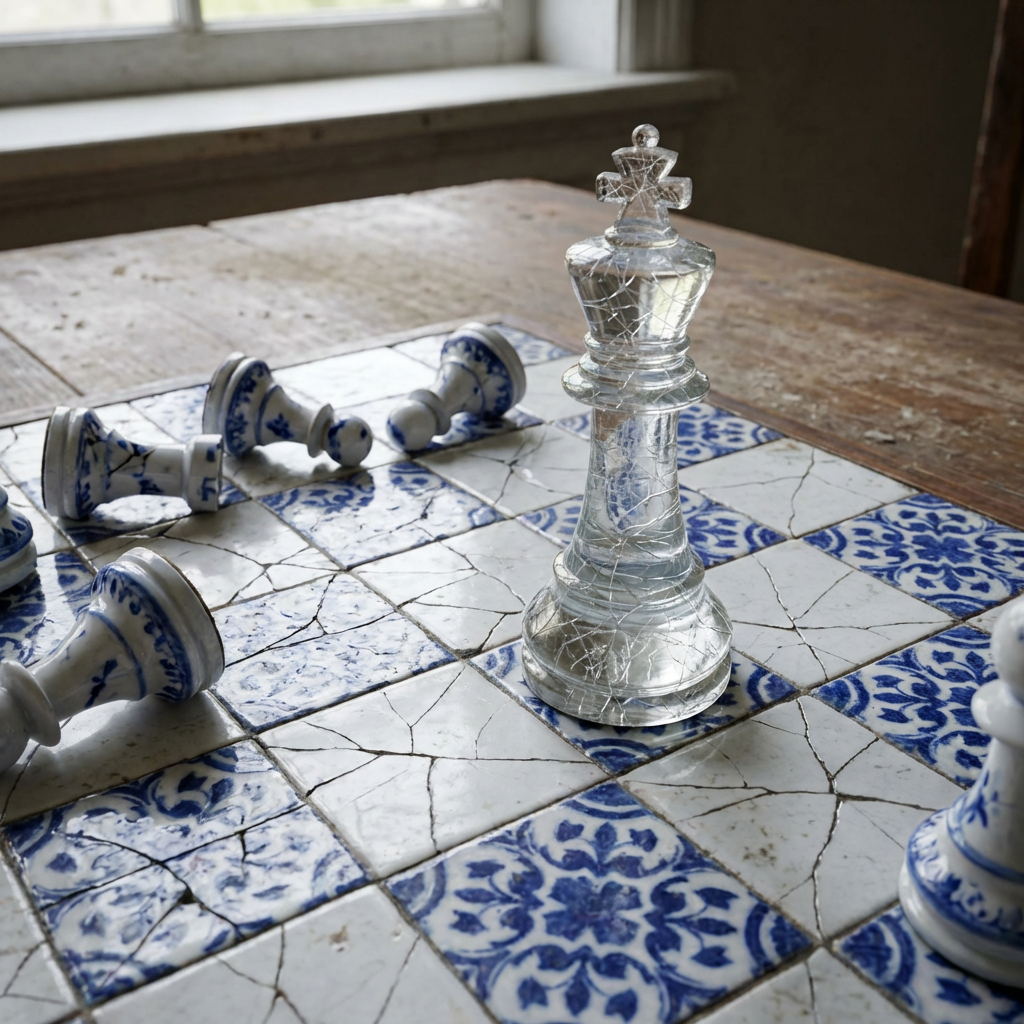 Crystal chess king standing on cracked ceramic tile board among fallen blue porcelain pieces.