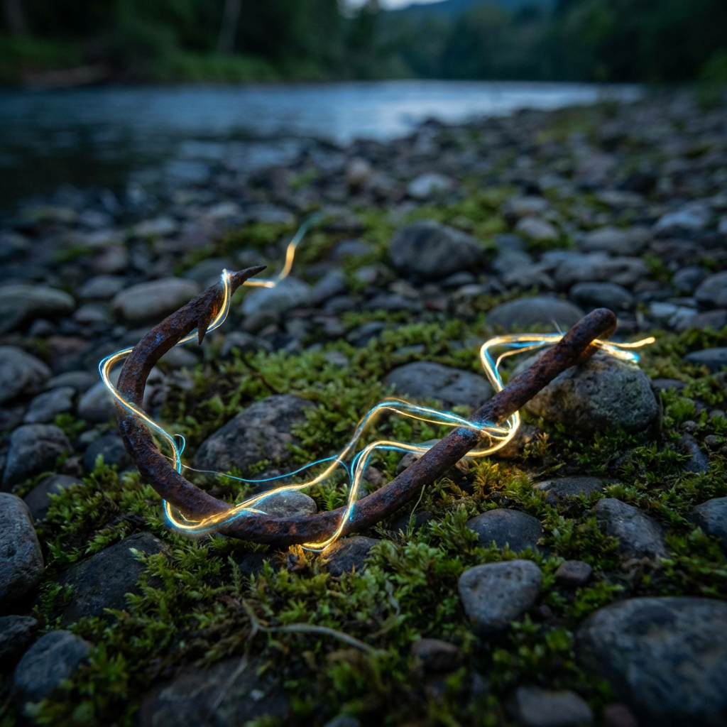 Glowing blue and gold light trails wrapped around a rusty hook on a mossy riverbank.