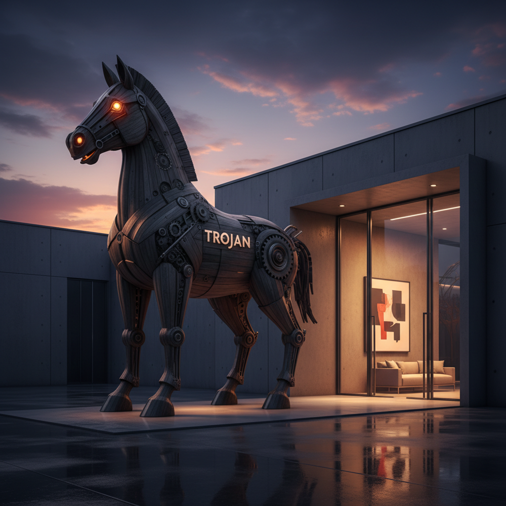Giant mechanical horse with glowing eyes and the text TROJAN outside a modern building.