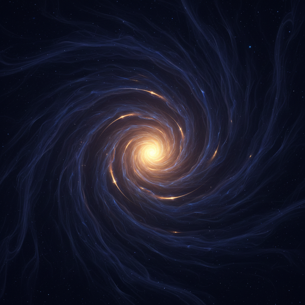 A glowing golden spiral vortex at the center of a dark blue star-filled nebula.