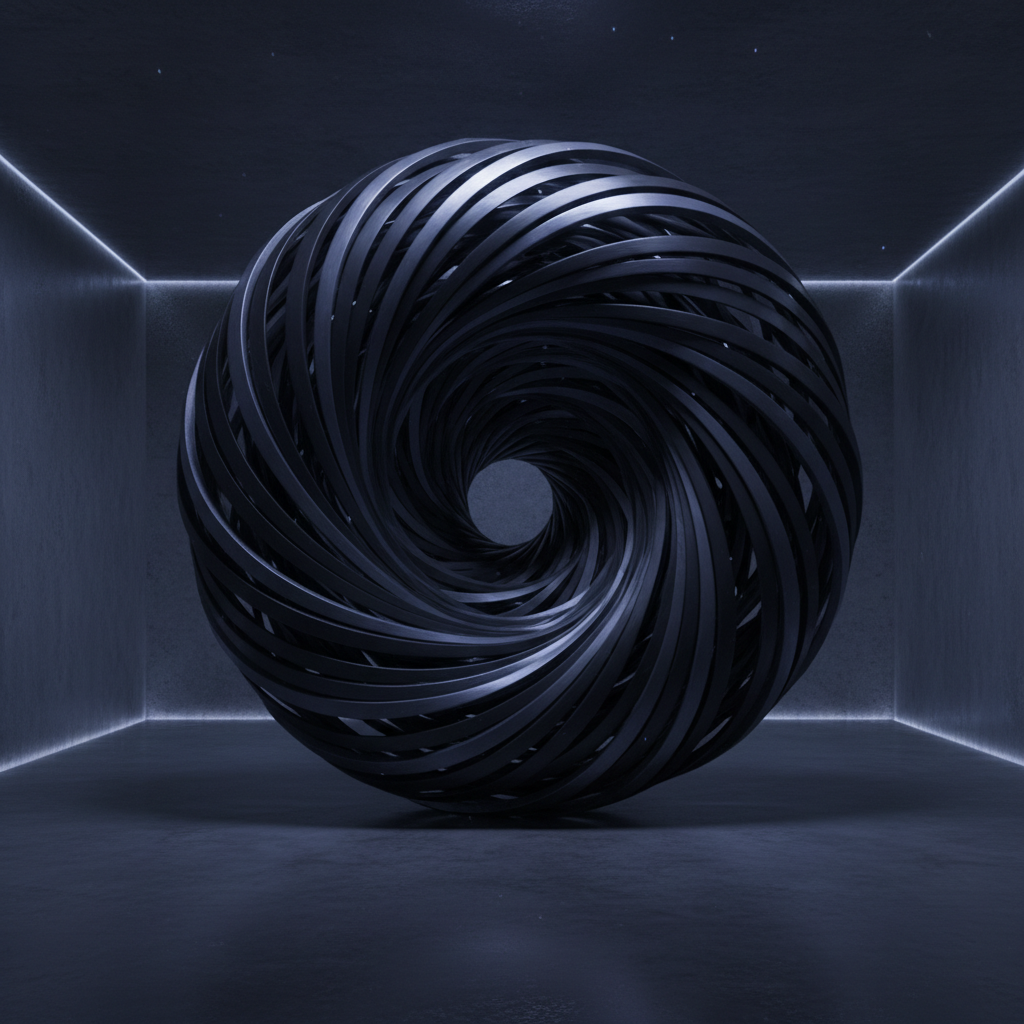 Abstract spherical sculpture of spiraling metallic bands in a dark, lit room.