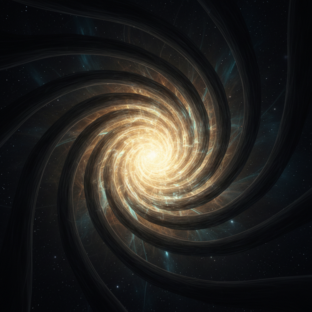 Swirling dark energy bands emanating from a brilliant white and gold cosmic core.
