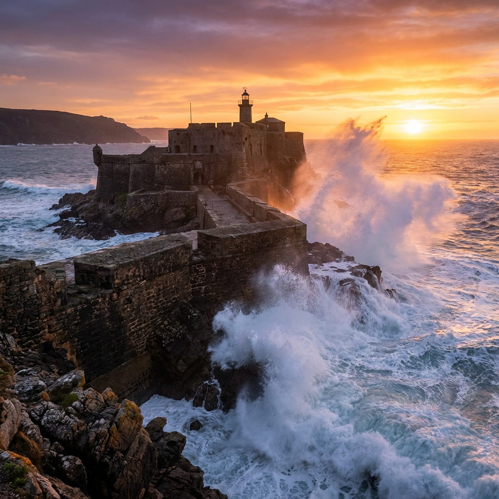 Large ocean waves crash against a stone lighthouse and fortress during a vibrant sunset.