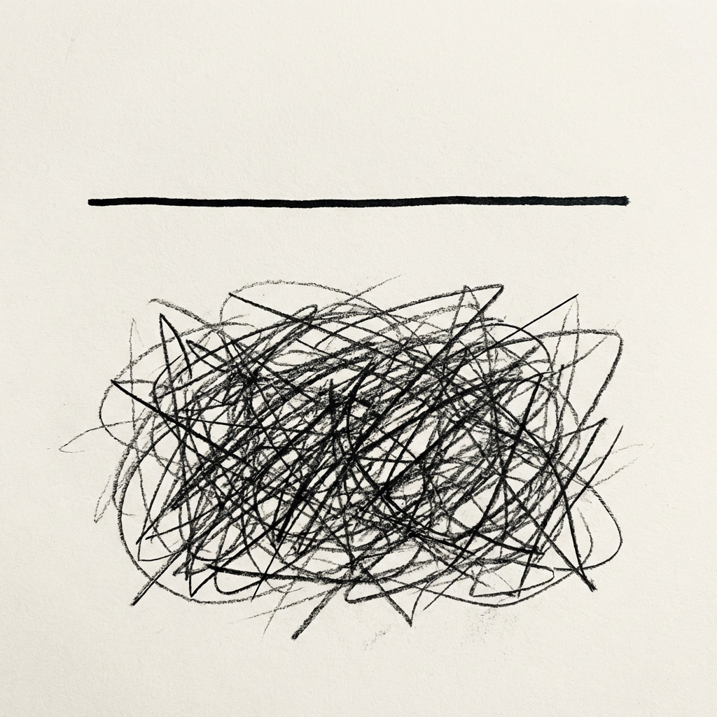 A straight black horizontal line above a dense, chaotic scribble on textured cream paper.
