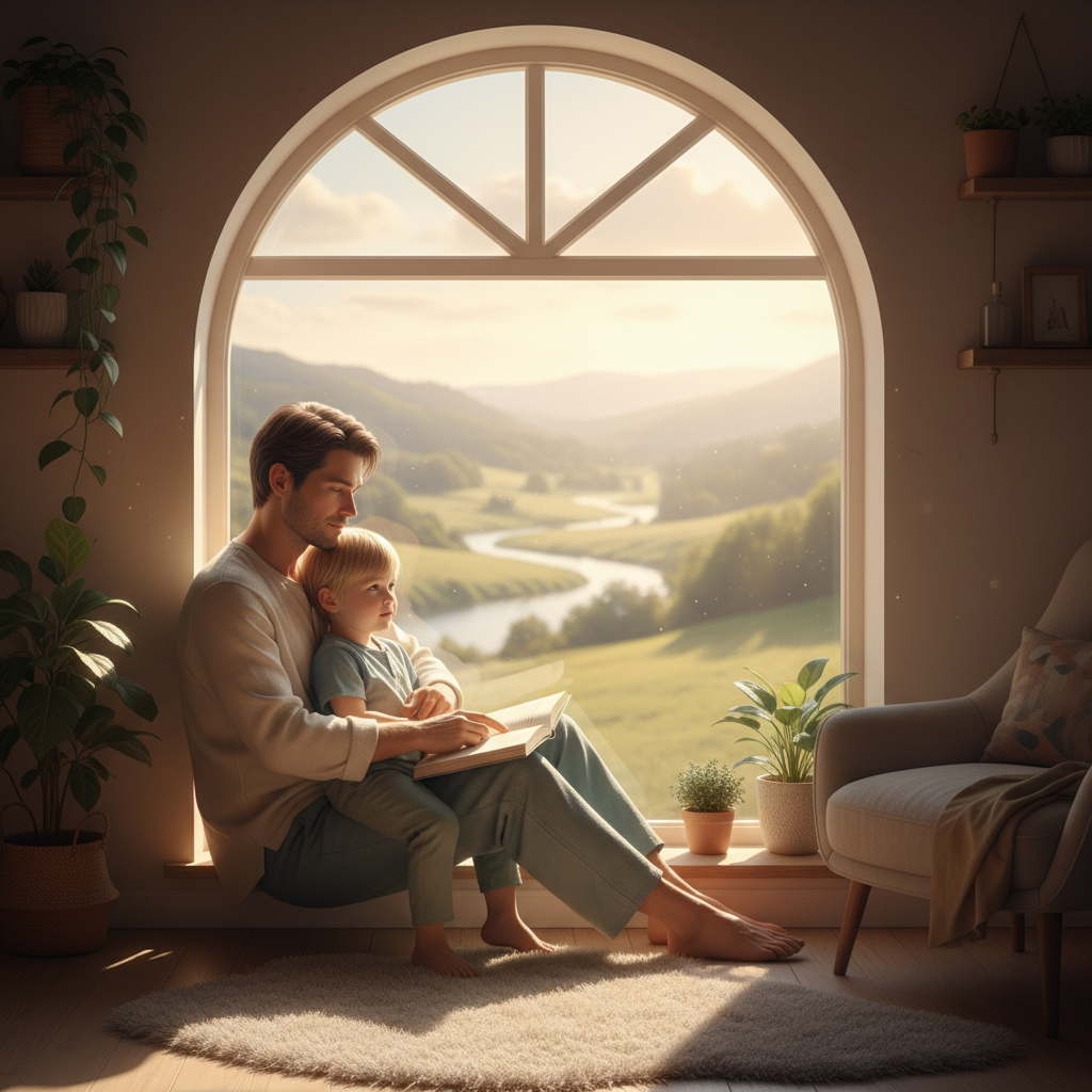 Father and young son reading together in a large arched window with mountain views.