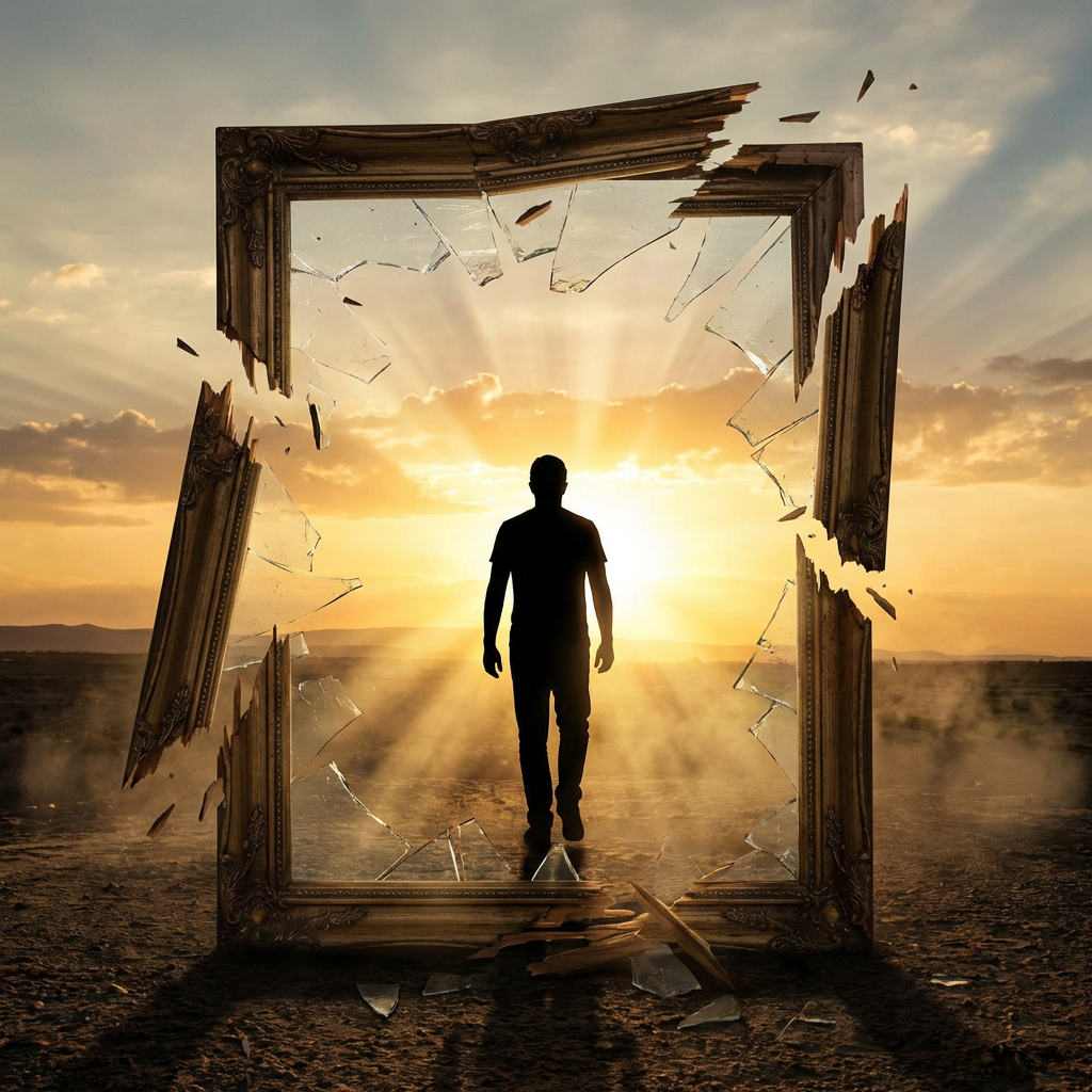 Silhouette of a person walking through a shattered picture frame toward a radiant sunset.