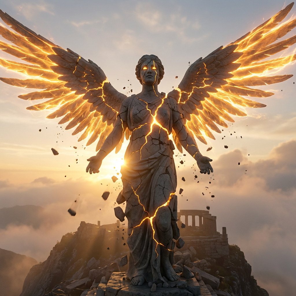 Cracked stone angel statue with glowing orange light emanating from its wings and body.