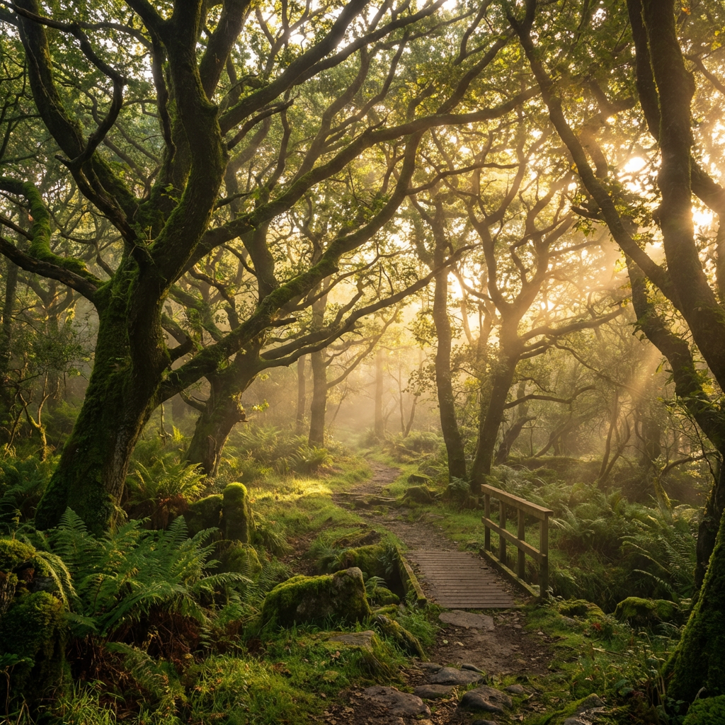 A misty forest path with a small wooden bridge under golden sunlight filtering through trees.