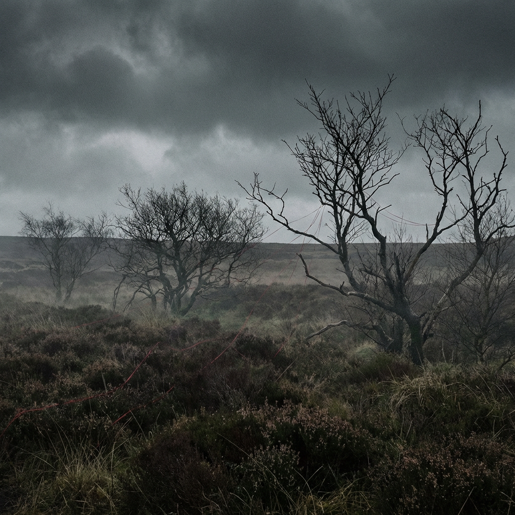 Skeletal trees on a dark, misty moor with red string under an overcast sky.