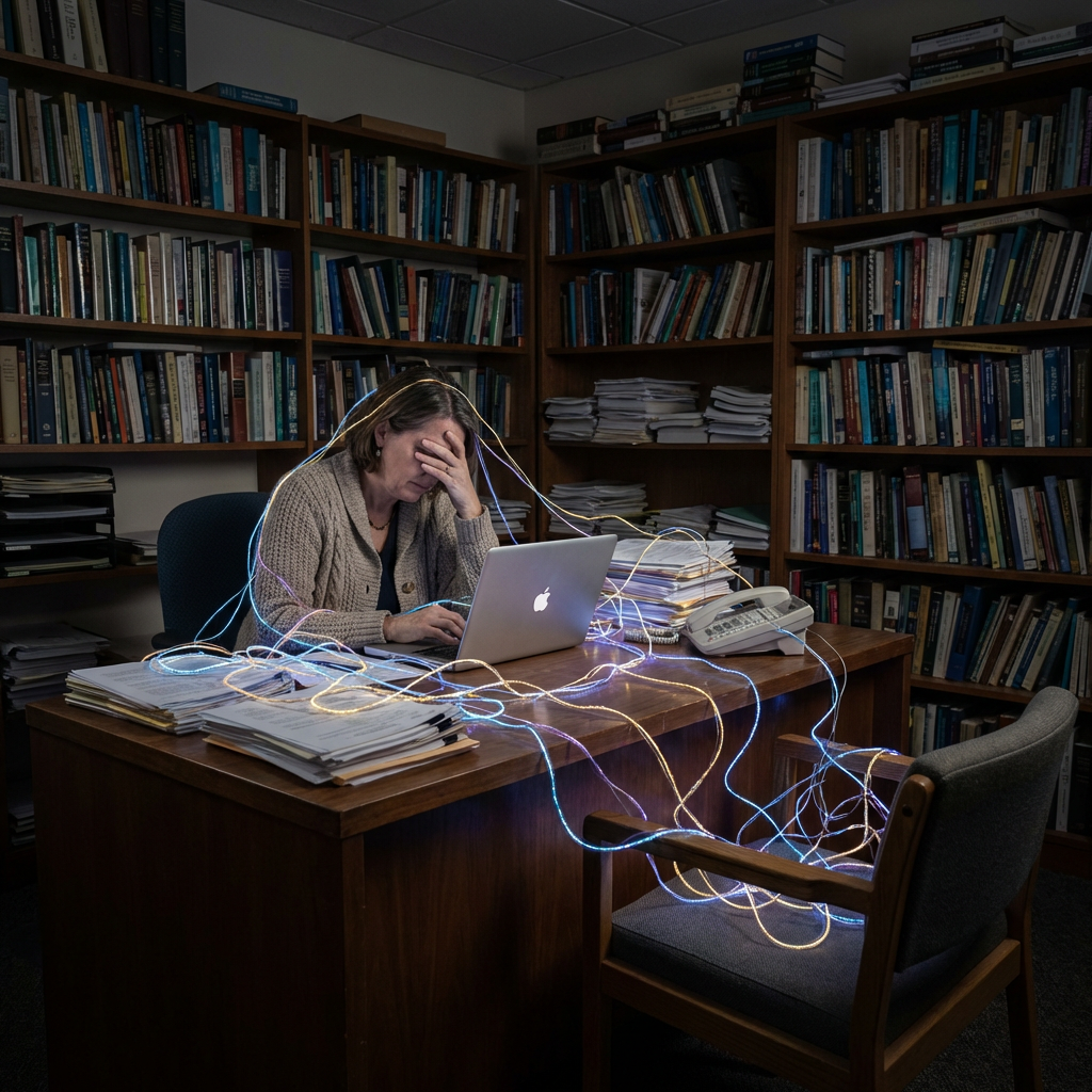 A stressed woman at a desk surrounded by tangled, glowing digital light strands in a library.