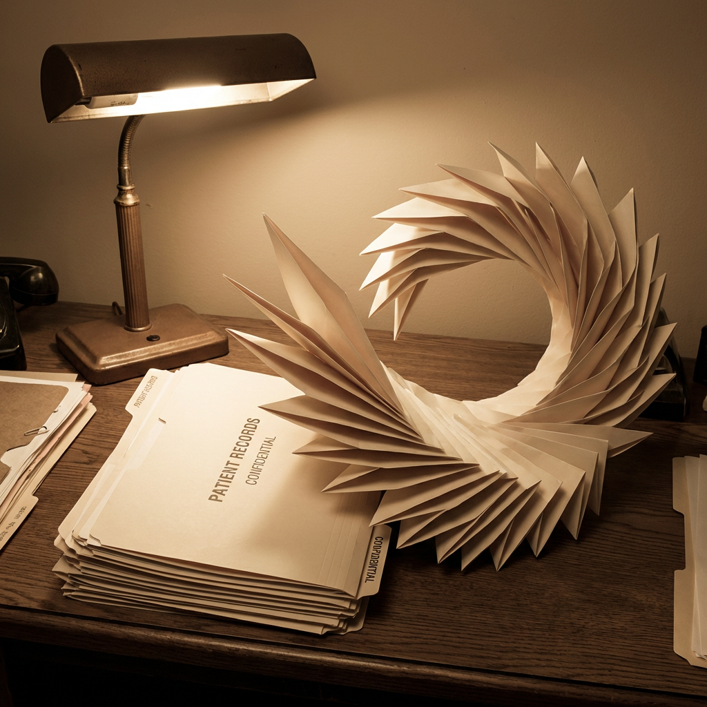 Intricate spiral paper sculpture on a stack of folders labeled PATIENT RECORDS CONFIDENTIAL.