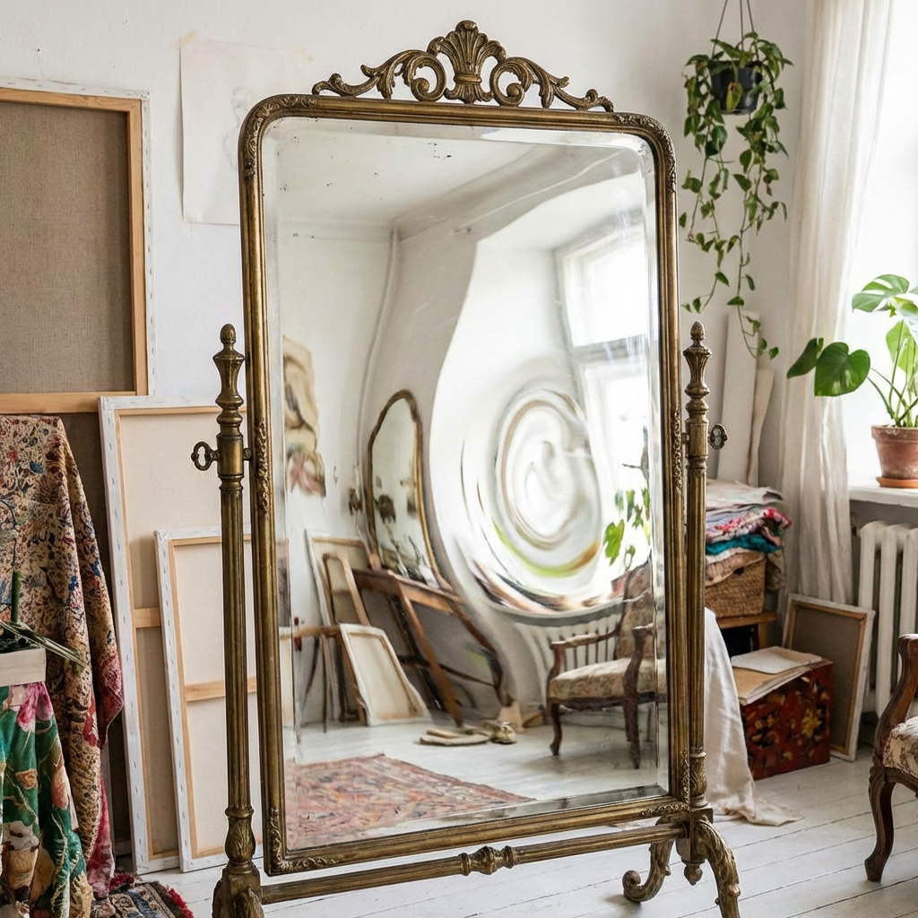 Ornate gold cheval mirror in a sunlit artist's studio showing a distorted, swirling reflection.