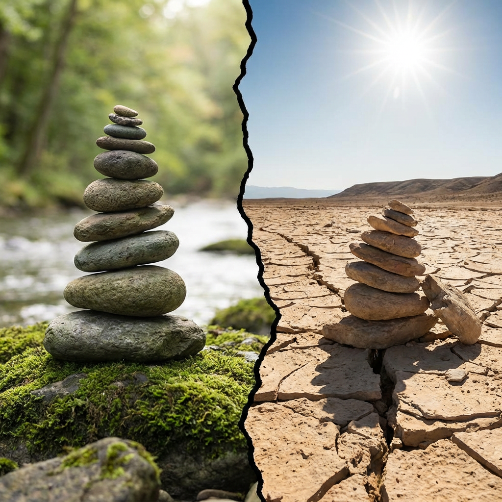 Balanced rock cairns in contrasting lush forest and cracked desert landscapes.