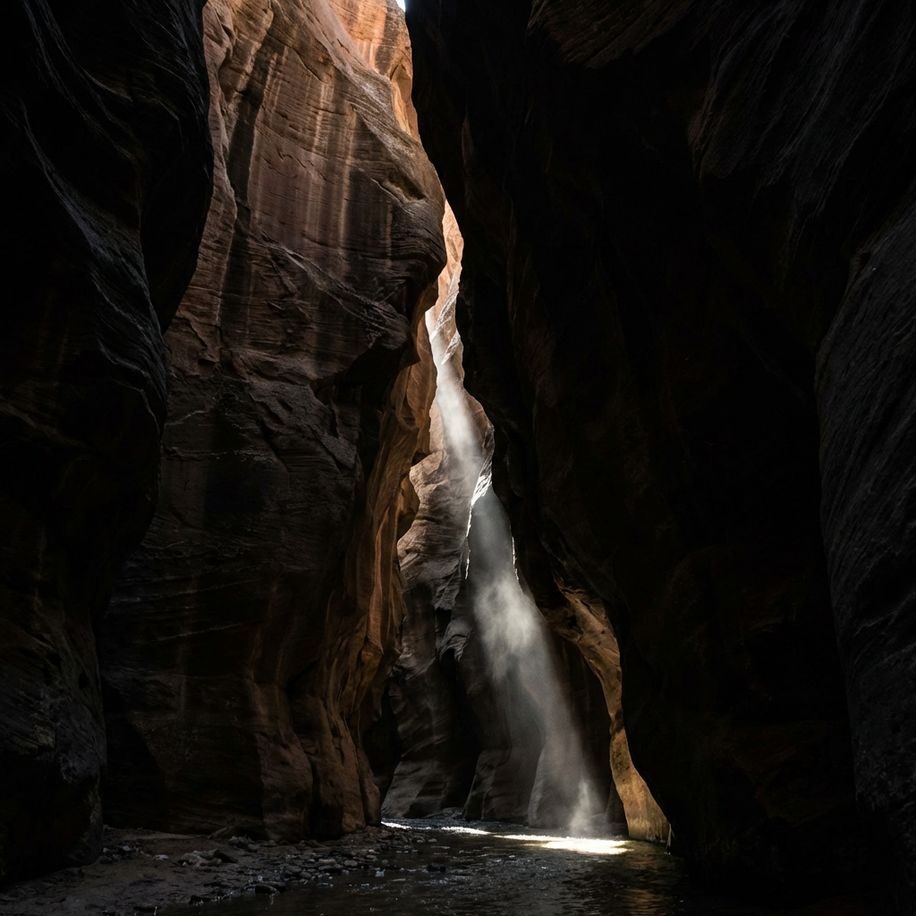 Narrow slot canyon with a single sunbeam illuminating the dark interior and canyon floor.