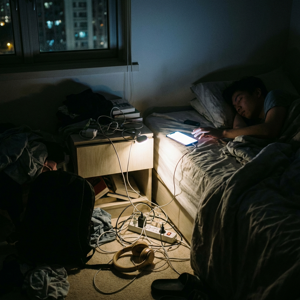 A young man sleeps in a cluttered bedroom lit by a glowing smartphone screen.