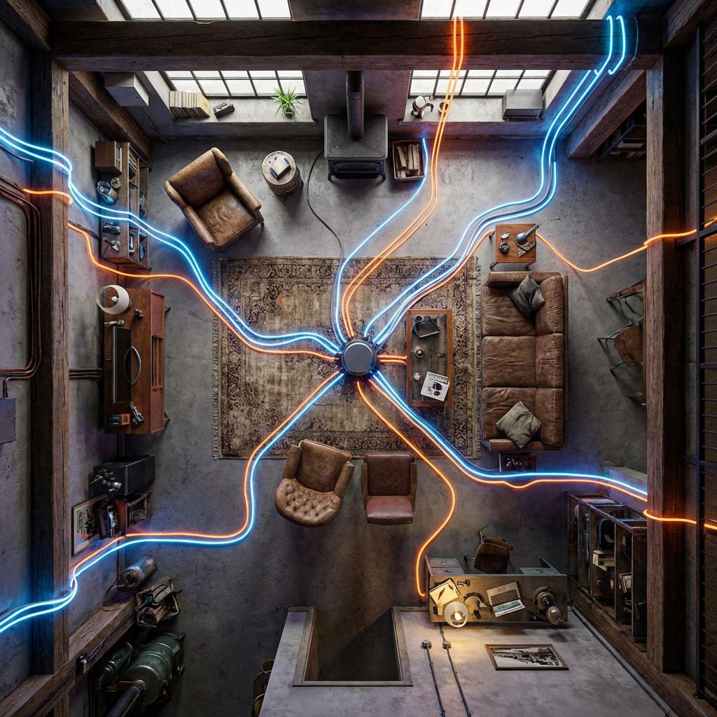 Top-down view of a rustic living room with glowing neon lines branching from a central hub.