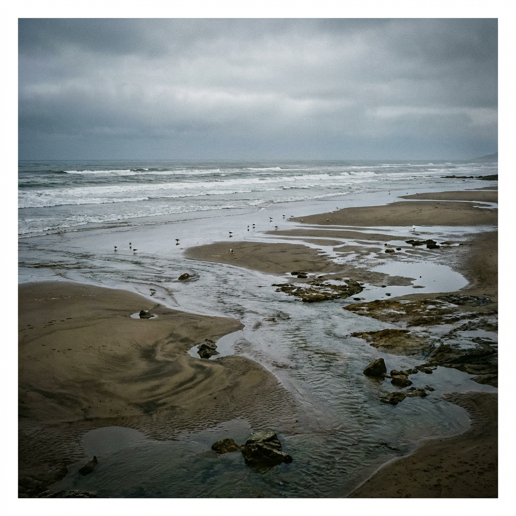 Stream flowing across a sandy beach into the ocean under a heavy, grey sky.