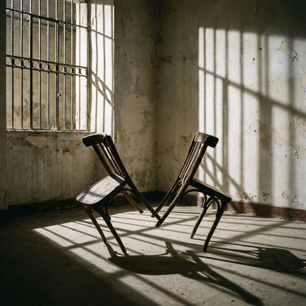 Two wooden chairs leaning together in a dilapidated room with sunlight through barred windows.