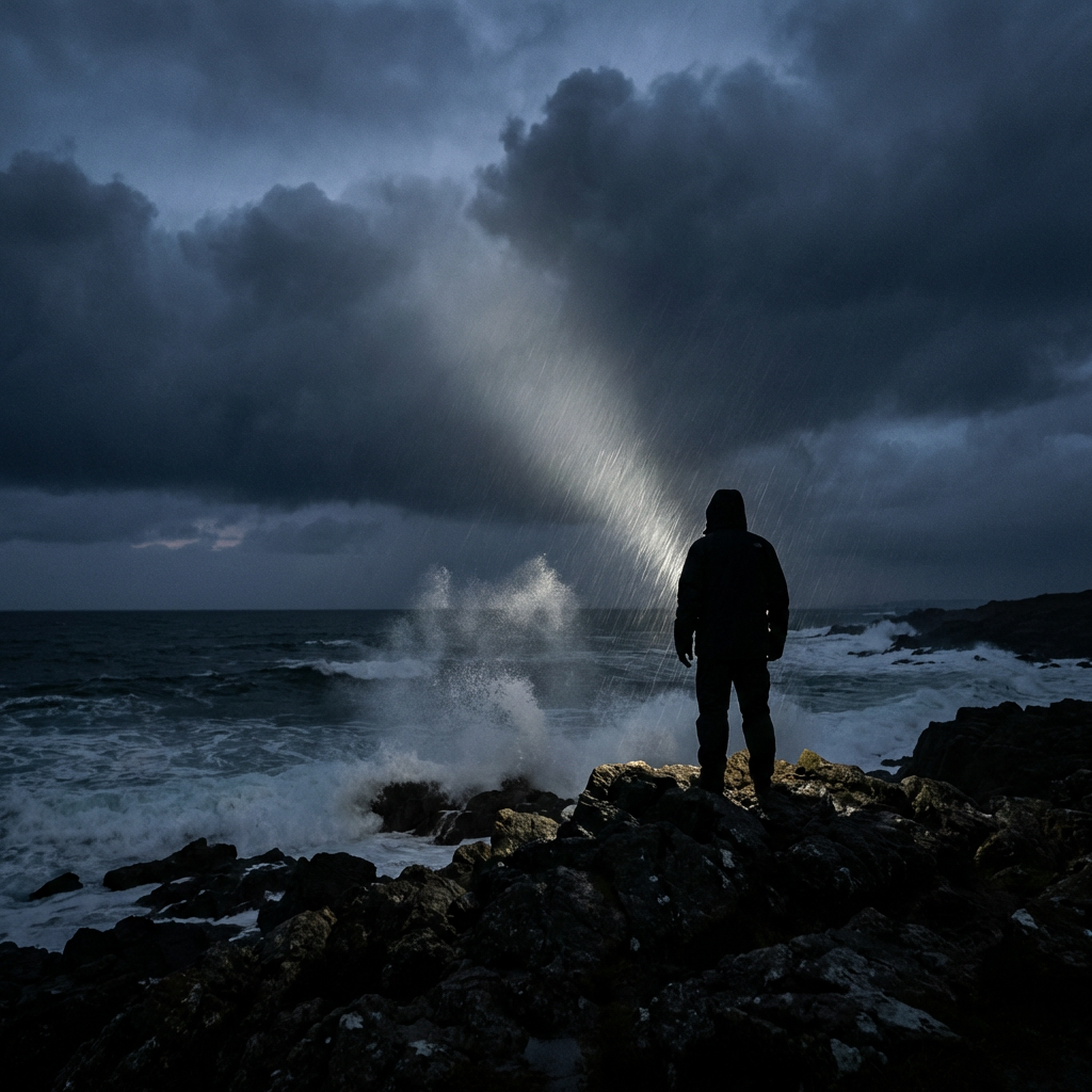 Silhouette of a person on a rocky coast under a beam of light during a storm.
