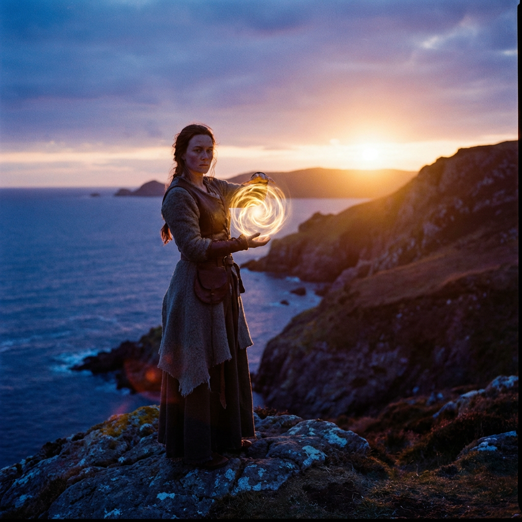 A woman in fantasy clothing holding a swirling, glowing light orb on a rocky cliffside.