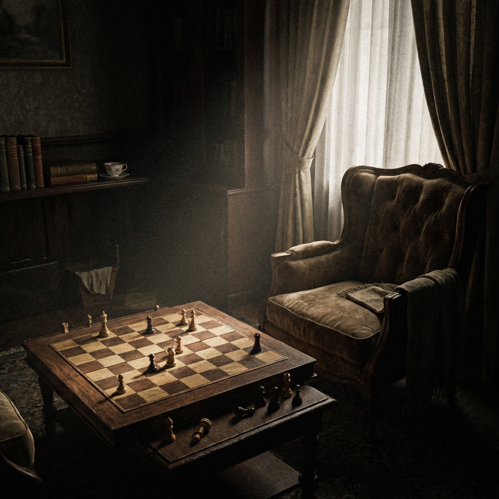 A wooden chessboard sits on a table in a dimly lit, classic study room.