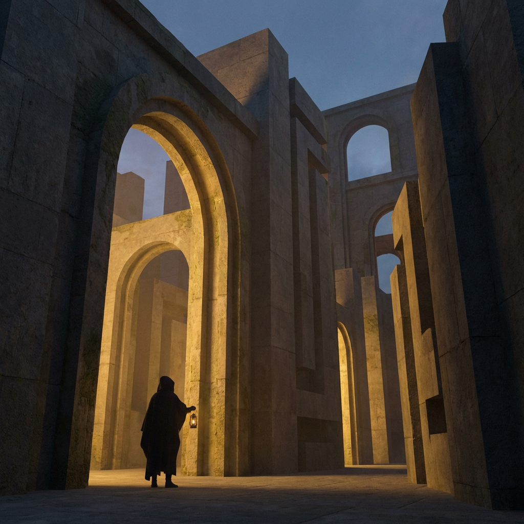 A cloaked figure with a lantern explores a vast labyrinth of towering stone arches at dusk.