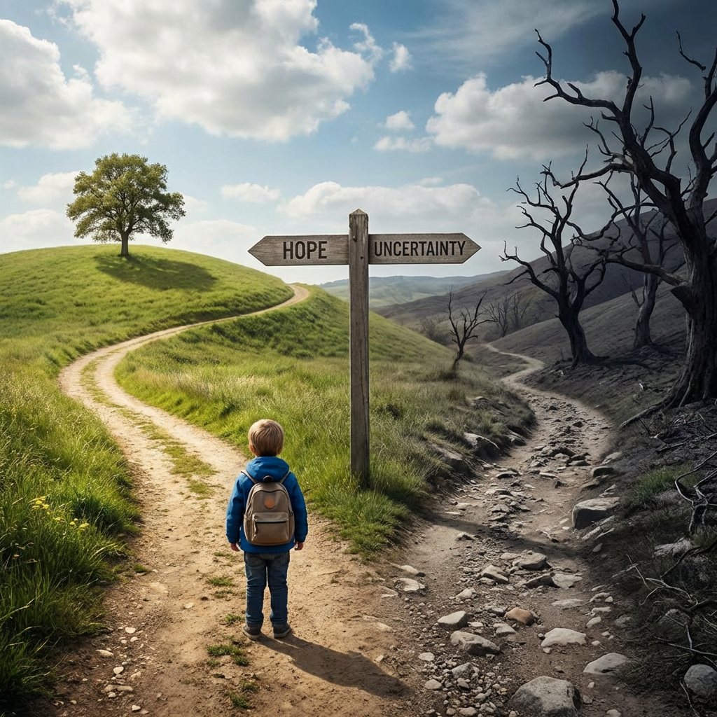 A child at a fork with signs for HOPE and UNCERTAINTY pointing to different landscapes.