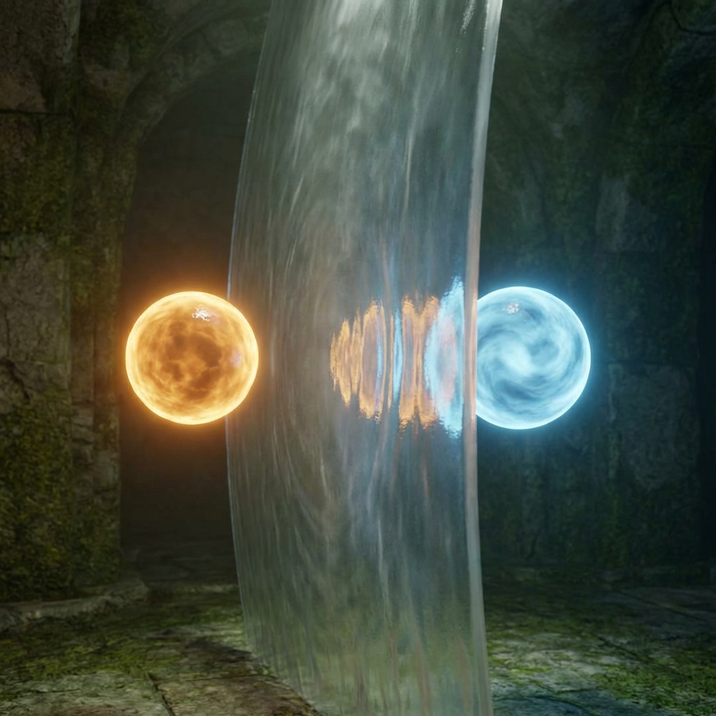 Glowing orange and blue spheres facing each other through a translucent, wavy vertical barrier.
