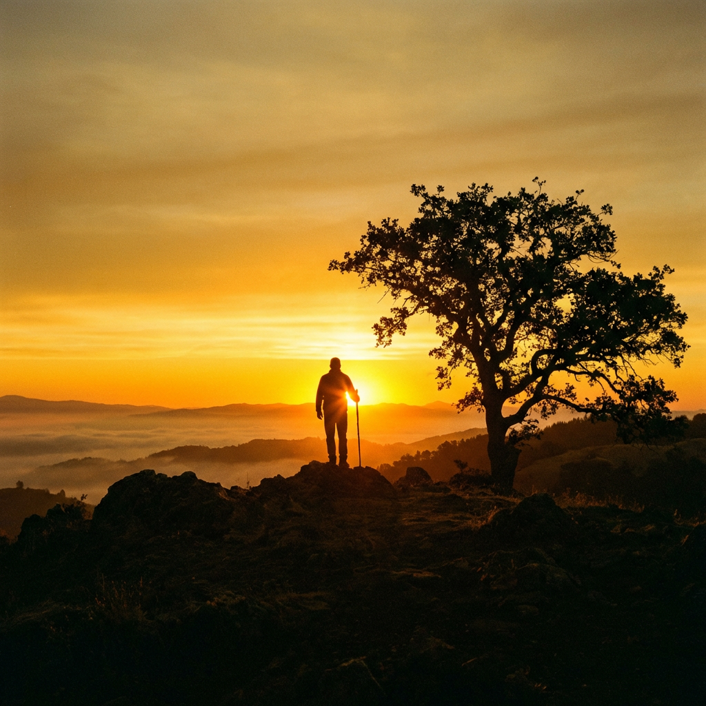 Silhouette of a hiker with a staff on a rocky summit at sunset.
