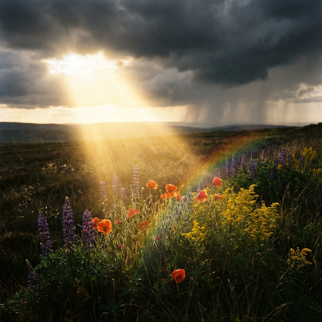 Vibrant wildflowers in a field illuminated by dramatic sunbeams under a dark, rainy sky.
