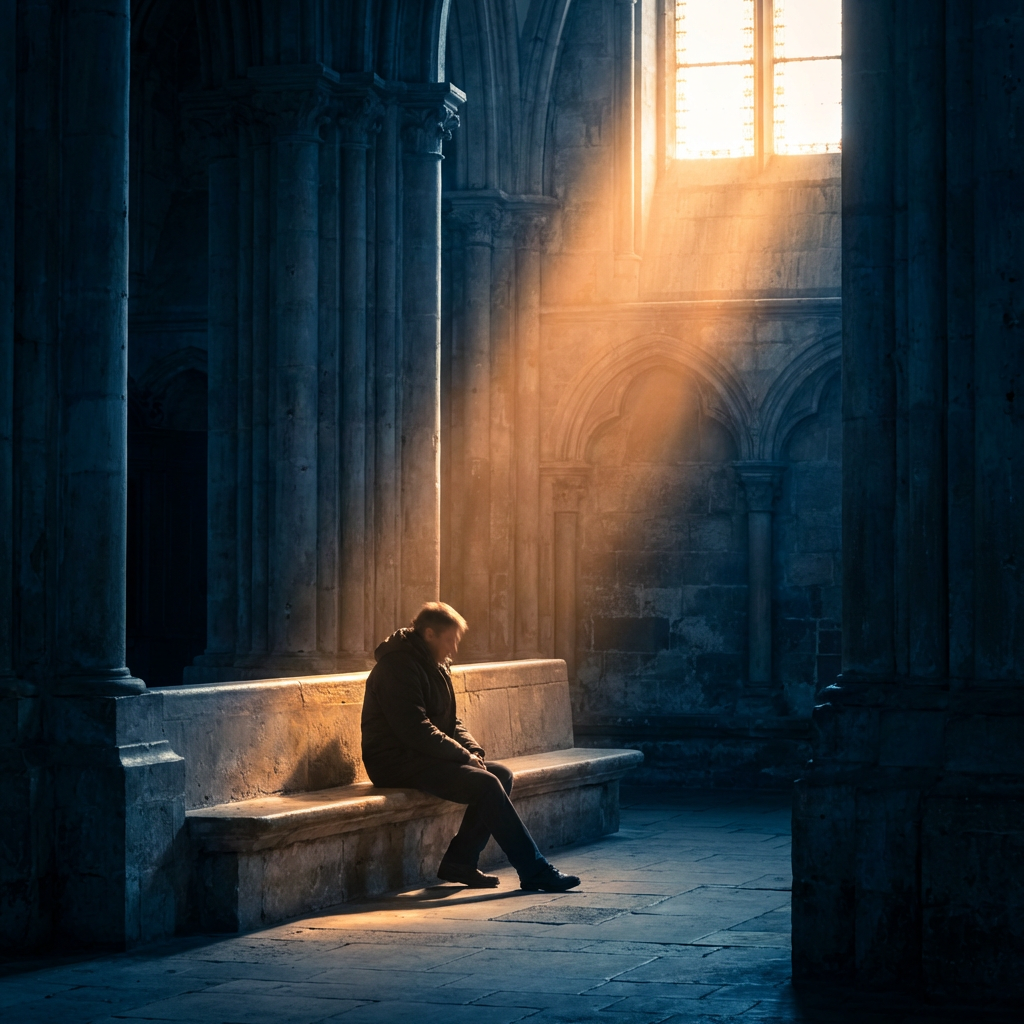 A man sitting on a stone bench illuminated by a sunbeam inside a dark cathedral.