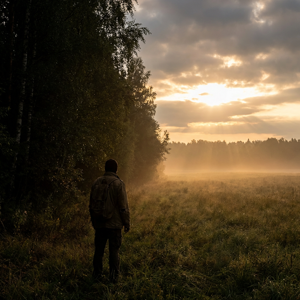 Person with a backpack overlooks a foggy field at sunrise beside a dense forest.