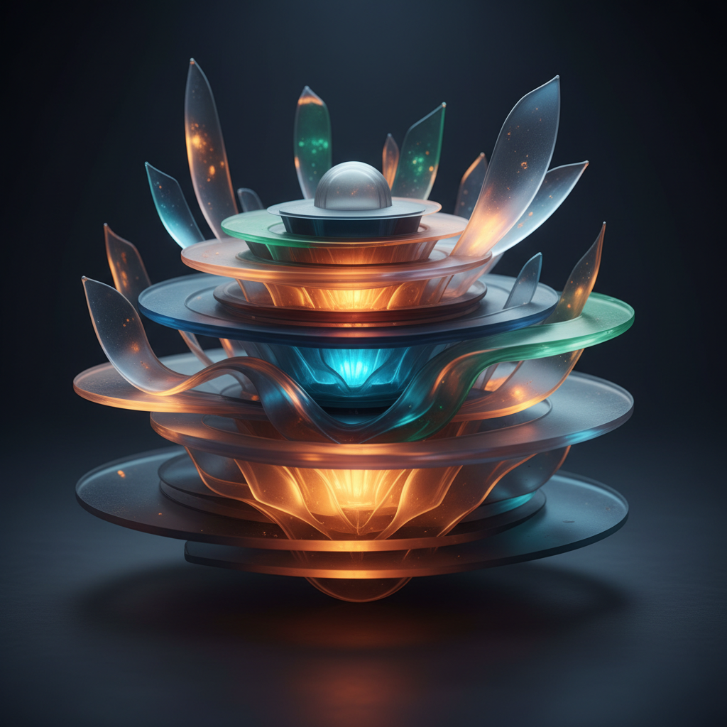 Abstract sculpture with layered glass discs and internal glowing lights.