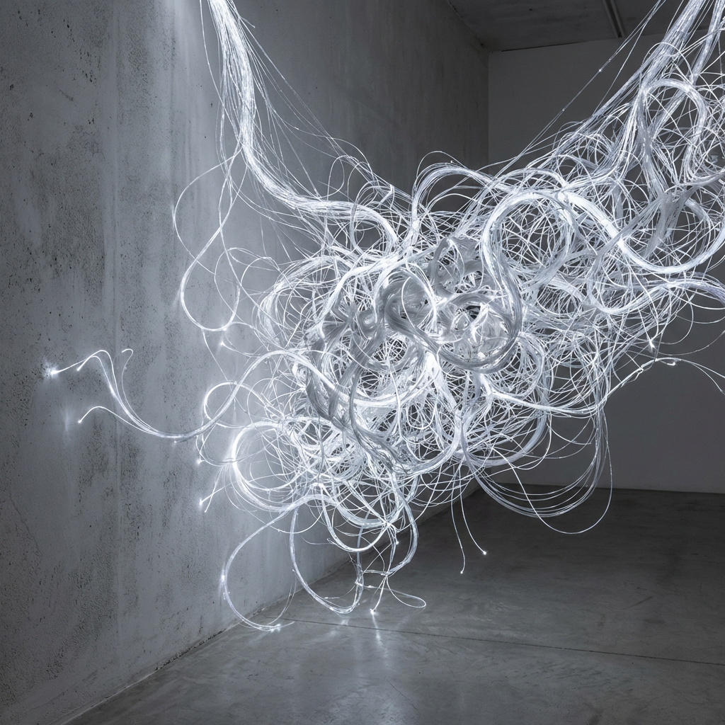 A tangled mass of glowing white fiber optic cables suspended in a concrete room.