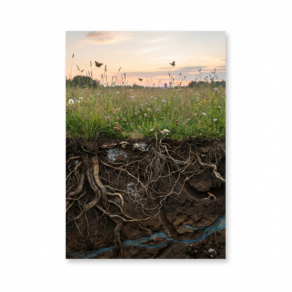 Cross-section of a wildflower meadow showing its deep root system and underground water source.