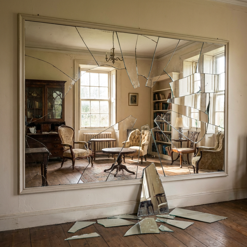 Large broken wall mirror reflecting a classic living room with furniture and window.