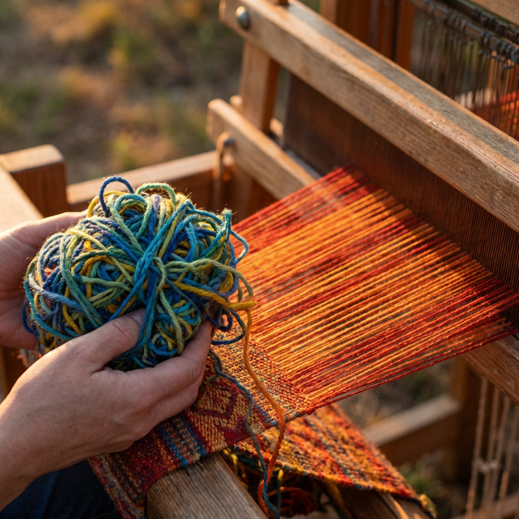 Hands holding a blue and yellow yarn ball over a wooden loom with red warp threads.