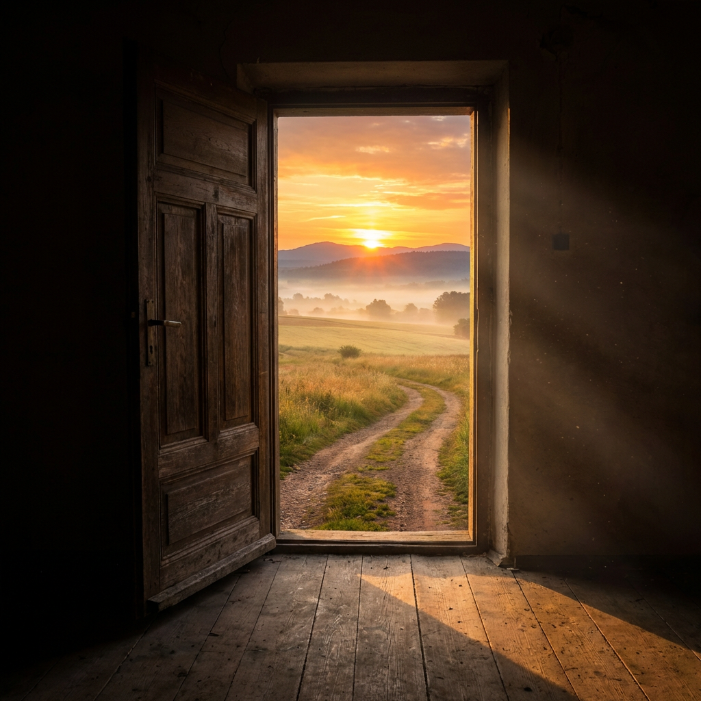 View through an open wooden door of a sunrise over a misty rural landscape.