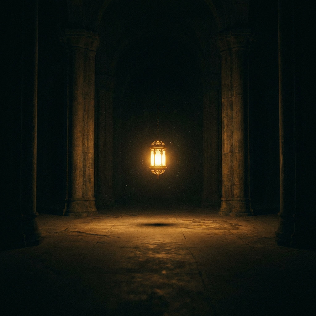 An ornate glowing lantern hangs in the center of a dark stone corridor with pillars.