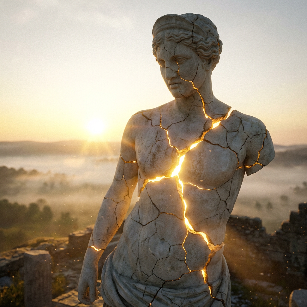 A cracked stone statue with bright golden light glowing through the deep fissures.