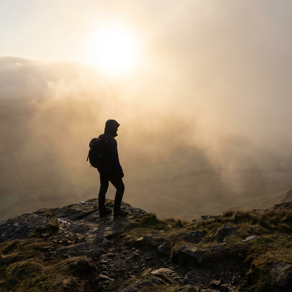 Silhouetted hiker with backpack stands on a rocky cliff edge overlooking misty, sunlit mountains.