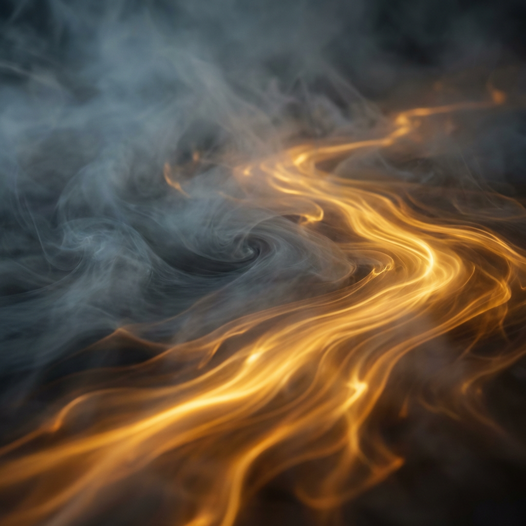 Swirling gray smoke intertwined with glowing golden light trails in an abstract composition.