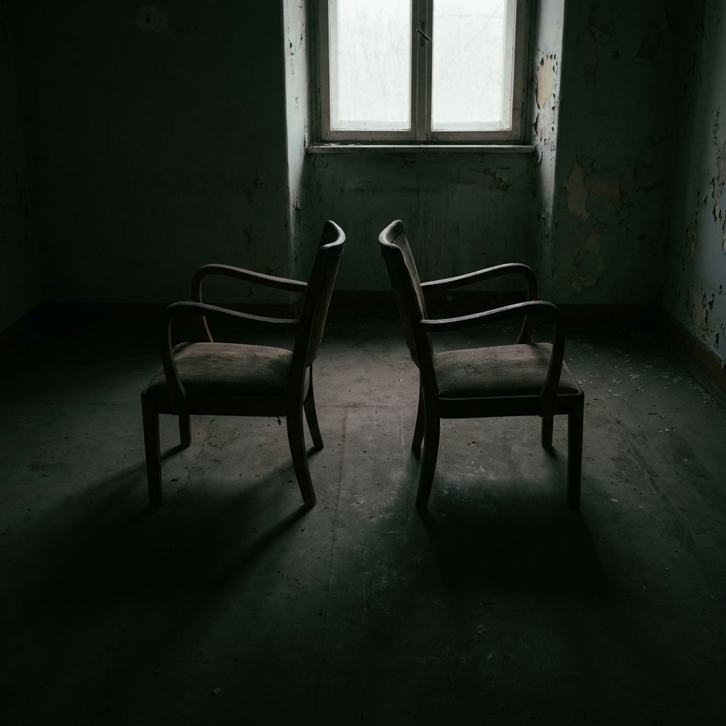 Two armchairs positioned back-to-back in a dark, empty room with a window.