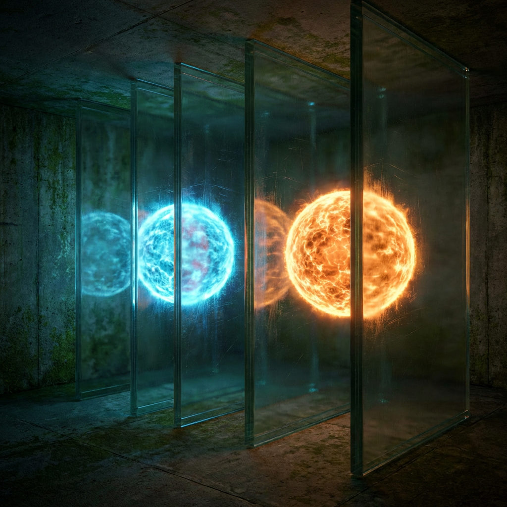 Glowing blue and orange orbs positioned between vertical glass panes in a dark, mossy room.