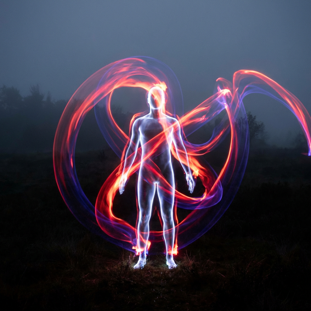 A glowing human figure surrounded by swirling red and blue light painting in a misty field.