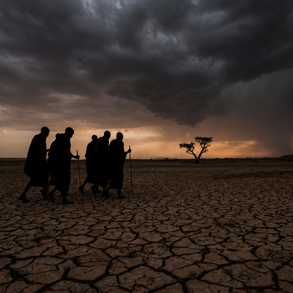 Silhouetted people walking across cracked earth toward a lone tree under dark storm clouds.